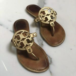 Tory Burch Gold Pebbled Leather Miller Sandals